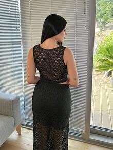 Lucia Bellido WYWH 女士度假针织钩针背心和开衩下摆裙套装，音乐节波西米亚风格 - 黑色 - 查看 5