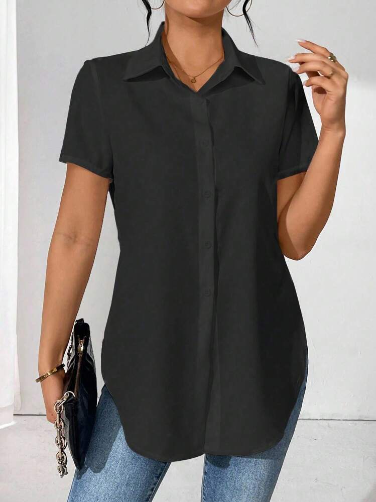 SHEIN LUNE Solid Color Short Sleeve Shirt With Curved Hem For Summer,Short Sleeve Tops - Black - View 1