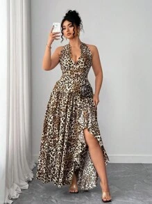 Elenzga Robe maxi élégante et romantique pour tous les jours et les fêtes, grande taille, ras-du-cou, col ras-du-cou Top de gamme, imprimé léopard, volants, col V profond, décor floral, fendu, ample - Multicolore - Voir 5