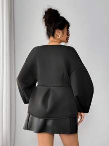 Elenzga Chaqueta elegante de mujer de talla grande con cuello en V, unicolor, manga abullonada y botones - Negro - Ver 2