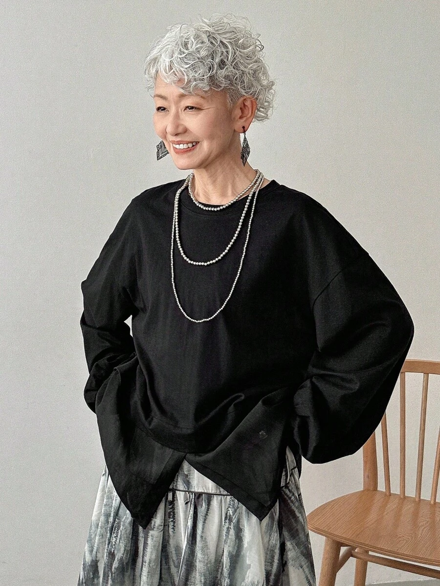 FRIFUL Women's Black Solid Color Round Neck Drop Shoulder Long Sleeve Patchwork Sheer Fabric Loose Casual Versatile Sweatshirt, Autumn/Winter