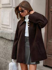 EURMUSE 女士，秋季，常规长度，口袋，按扣，天鹅绒外观，休闲，日常穿着 - 棕色 - 查看 6