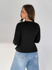 Auralis Áo thun nữ dáng ôm màu đen, thời trang xuân thu, thoải mái hàng ngày, không đối xứng, cỡ lớn, quần áo mùa thu, áo đi chơi, áo thun đen cong - màu đen - Xem 2