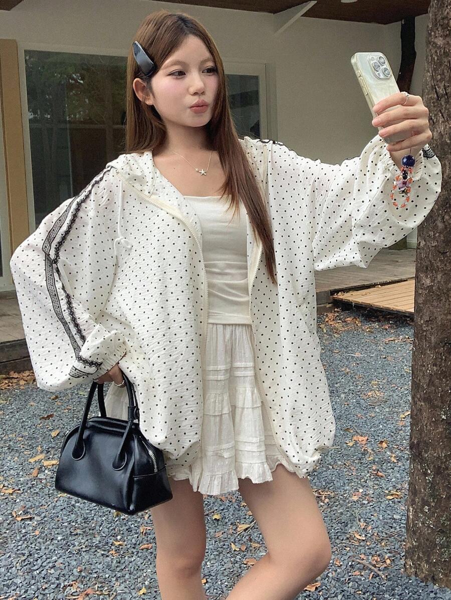 DAZY 女式波点印花蕾丝边连帽外套（秋冬款）