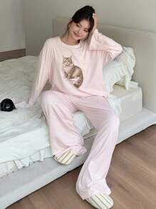 Dazy Plus Plus Size Women Polka Dot Cat Print Loose Fit Round Neck Top And Pants Pajama Set, Pink, Fall Clothes, Cozy Outfits