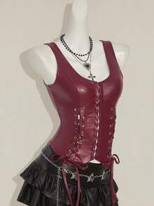 SHEIN ICON Y2k 女士哥特风酒红色露背纯色 PU 皮革系带设计时尚 PU 皮革上衣