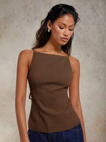 COSMINA 女士性感纯色系带露背吊带背心（夏季） - 咖啡棕 - 查看 3
