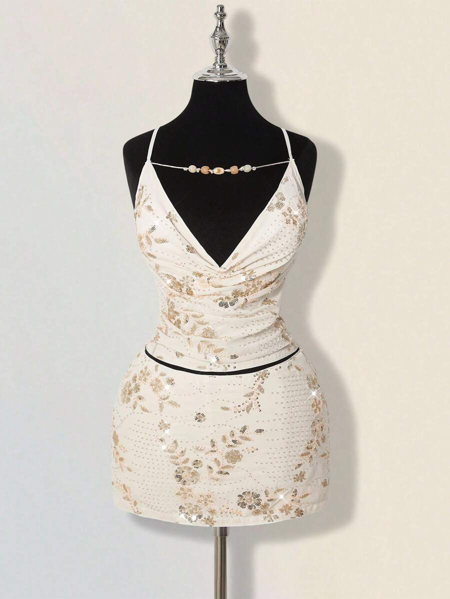 SHEIN ICON 女士正式派对串珠性感亮片刺绣细肩带短款上衣和迷你裙两件套，夏季亮片两件套 - 杏色 - 查看 1