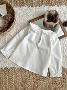 SHEIN Baby Girl Sweet White Peter Pan Collar Blouse,Elegant Long Sleeve Ruffle Shirt - White - View 2