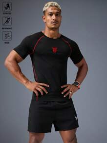 Acti Log Men's Contrast Color Print Round Neck Short Sleeve Sports T-Shirt Compression Shirt Men - Black - View 3