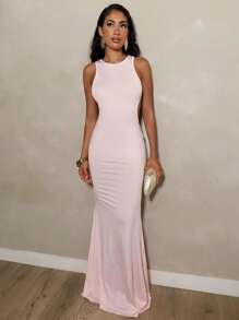 Glamine Vacay Vibes SummerHoliday  Bow Decor Backless Sleeveless Maxi Dress For Women, Summer - Pink - View 1