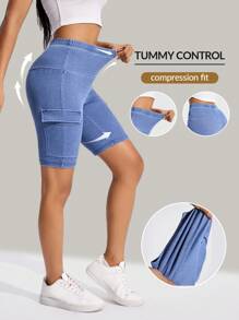 Flexra Women's Elastic Waist Denim Shorts With Pockets, Washed Knit Fabric - Medium Wash - View 1