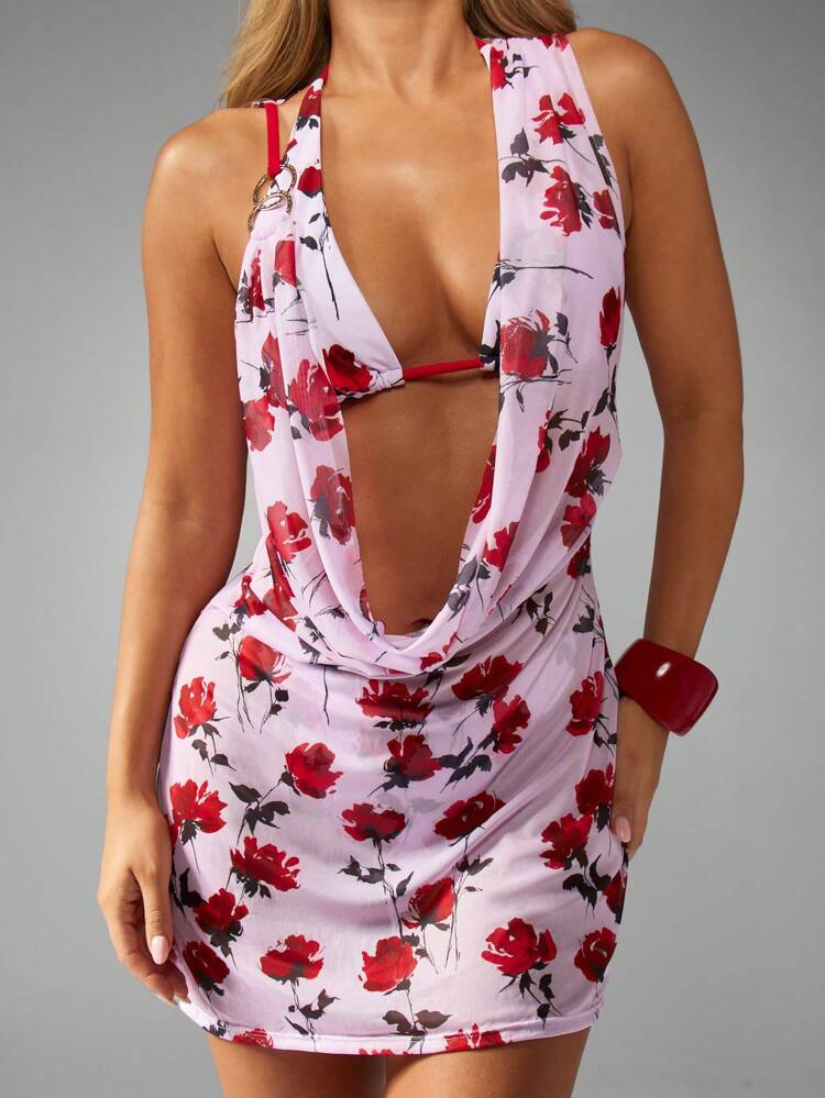 MISSGUIDED Beach Cover Up Dress Floral Mini Cowl Neck Draped Summer Vacation Resort Wear Beachwear Poolside Swim Cover Sundress Holiday Cruise Wear