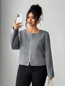 Elenzga Jaqueta de Frente Aberta com Bolsos em Mistura de Lã para Mulheres Plus Size, Estilosa e Elegante para Passeios e Deslocamentos