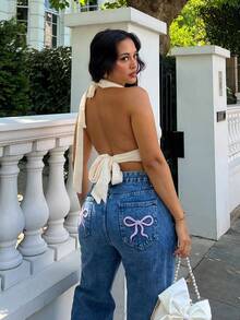 NegzBox Spring/Summer Sexy Beach Vacation V-Neck Metal Buckle Halter Backless Textured Fabric Tank Top, Suitable For Holiday, Date, Afternoon Tea, Music Festival, Bohemian Style