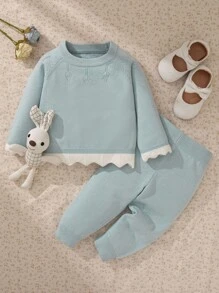 Souflis Souflis 婴儿/女婴针织毛衣套装，圆领可爱套头衫和无脚裤，柔软、温暖、百搭、舒适 - 淺藍色 - 查看 1