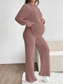 SHEIN 2pcs Maternity Solid Color Ribbed Drawstring Hoodie Sweatshirt And Pants Casual Set - Pink - View 3
