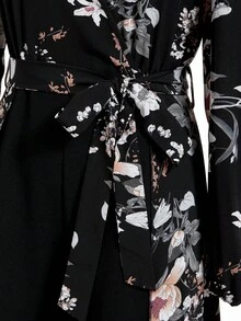 SHEIN Clasi 女式长袖花卉印花斜襟V领连体裤 - 黑色 - 查看 8