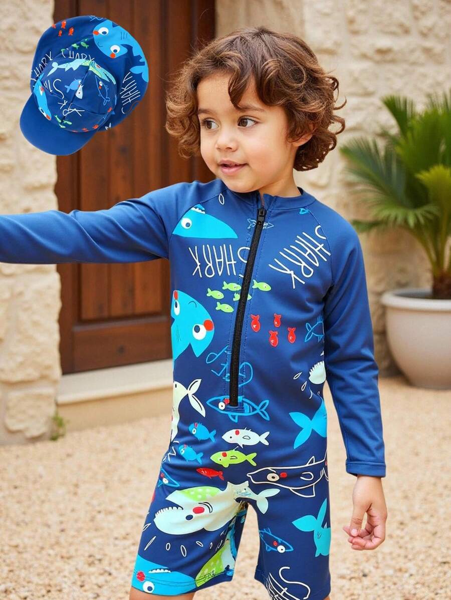Young Boy Cartoon Print Half Zipper Long Sleeve Rash Guard & Swimming Cap Set, Random Print, Summer Beach Swimsuit