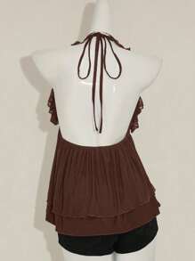 SHEIN ICON Women's Casual Basic Halter Tie Ruffle Hem Double Layer Tank Top Brown Ruffle Top - Brown - View 2