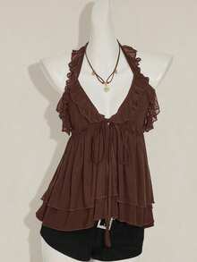 SHEIN ICON Women's Casual Basic Halter Tie Ruffle Hem Double Layer Tank Top Brown Ruffle Top - Brown - View 3
