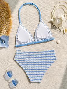SHEIN 少女新款纯色米色比基尼套装，简约沙滩度假泳装 - 藍色 - 查看 2