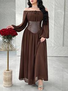 Feyla Damen elegantes Kleid mit Off-Shoulder Silhouette und geraffter Taille - Braun - Übersicht 1