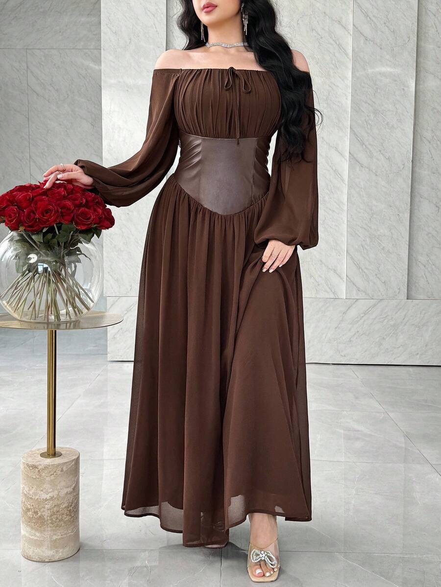 Feyla Damen elegantes Kleid mit Off-Shoulder Silhouette und geraffter Taille - Braun - Übersicht 1