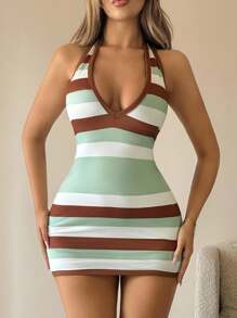 SHEIN ICON Váy ngắn hở lưng cổ chữ V sọc sâu - màu xanh lá - Xem 4