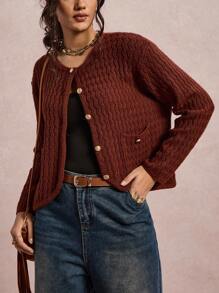SHEIN VCAY Metal Buckle Knitted Women Cardigan Sweater, Round Neck Pockets, Autumn/Winter - Burgundy - View 5