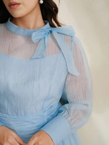 Anewsta Elegant Romantic Palace Banquet Stand Collar Bowknot Long Sleeve Ruched Shiny Long Plus Size Dress - Blue - View 2