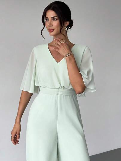 Firerie Women's Elegant Casual Chiffon V-Neck Flare Sleeve High Waist Wide Leg Jumpsuit, Mint Green, Suitable For Summer, Daily Wear, Vacation