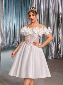 SHEIN Belle Plus Size Autumn Elegant Romantic Gorgeous White Sequin Embroidery Satin One Shoulder 3D Three-Dimensional Flower Design With Fishbone Palace Waist Section Puffy Skirt Suitable For Dinner Party Bachelorette Party Date Dance Vacation Homecoming Season Birthday Graduation Season Wedding Event Bridal Gift Dress Formal Dresses For Wedding Guest - White - View 6