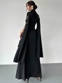 Firerie Women's Elegant, Exquisite, Romantic And Dignified Dance Party Date Embroidery Sequin Mesh Slit Extra-Long Sleeves A-Line Black Maxi Dress New Year Clothes - Black - View 8