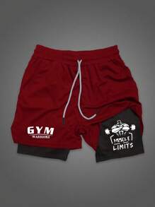 Gym Rark Men's Letter Print Drawstring Waist Double Layer Sports Shorts Sweat Pants - Burgundy - View 7