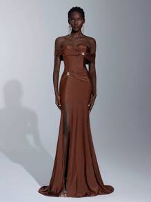 Elitara Elegante, romántico, sexy, vestido minimalista de tela elástica de punto color café con hombros descubiertos, decoración de hebilla metálica, abertura frontal, silueta ceñida, bajo de cola de pez y cola, ideal para fiestas, vacaciones, cumpleaños, bodas y eventos formales - Caqui - Ver 7