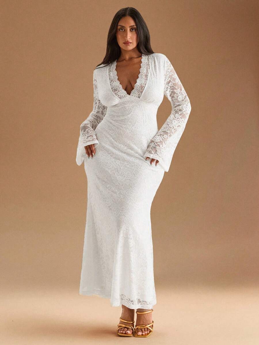 SHEIN BAE 大码女式V领蕾丝透视度假连衣裙，紧身连衣裙，春夏