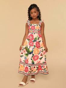 SHEIN 少女花卉印花优雅无袖连衣裙，夏日假期