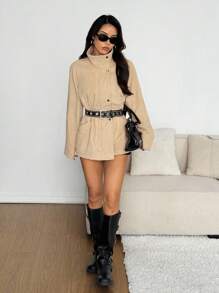 SHEIN EZwear Women's Solid Color Drop Shoulder Long Sleeve Single-Breasted Casual Regular Jacket, Fall Women Clothes - Khaki - View 6