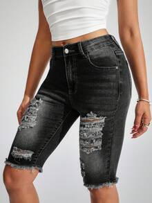SHEIN LUNE Women's Fashionable Ripped Pocket Denim Bermuda Shorts - Multicolor - View 6
