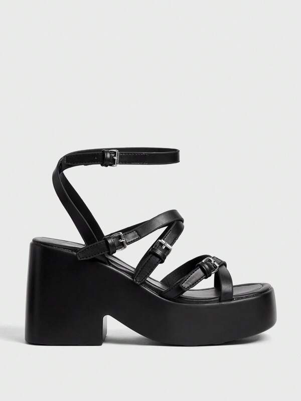 Sugerpunk Sandalias de cuña con plataforma, impermeables y de estilo punk para mujer, con correas cruzadas y hebilla de metal, adecuadas para fiestas y uso diario