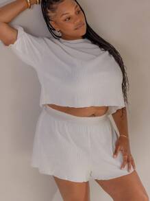 Aralina Curve Sleepwear Fall Winter Brushed Waffle T-Shirt And Short Two Pieces Loungewear Set - Apricot - View 5