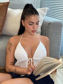 Lucia Bellido 分裂領 tie-back 無背心網格 halter Y2K 上衣 - 白色 - 查看 3