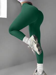 Gameset SHEIN Sport 女士纯色休闲运动紧身裤，修身提拉深绿色紧身裤女士健身房紧身裤健身紧身裤女士氨纶紧身裤绿色紧身裤 - 綠色 - 查看 1
