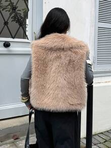 Siren Gaze Solid Color Sleeveless Casual Faux Fur Jacket, Retro Open Front Coat With Artificial Fur Collar, Fashionable Outerwear In Fall/Winter Brown