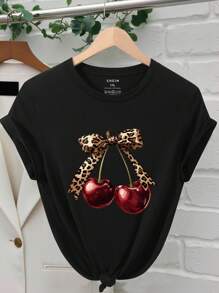 SHEIN Áo thun cổ tròn tay ngắn in họa tiết quả anh đào cỡ lớn dành cho nữ, mùa hè - màu đen - Xem 1