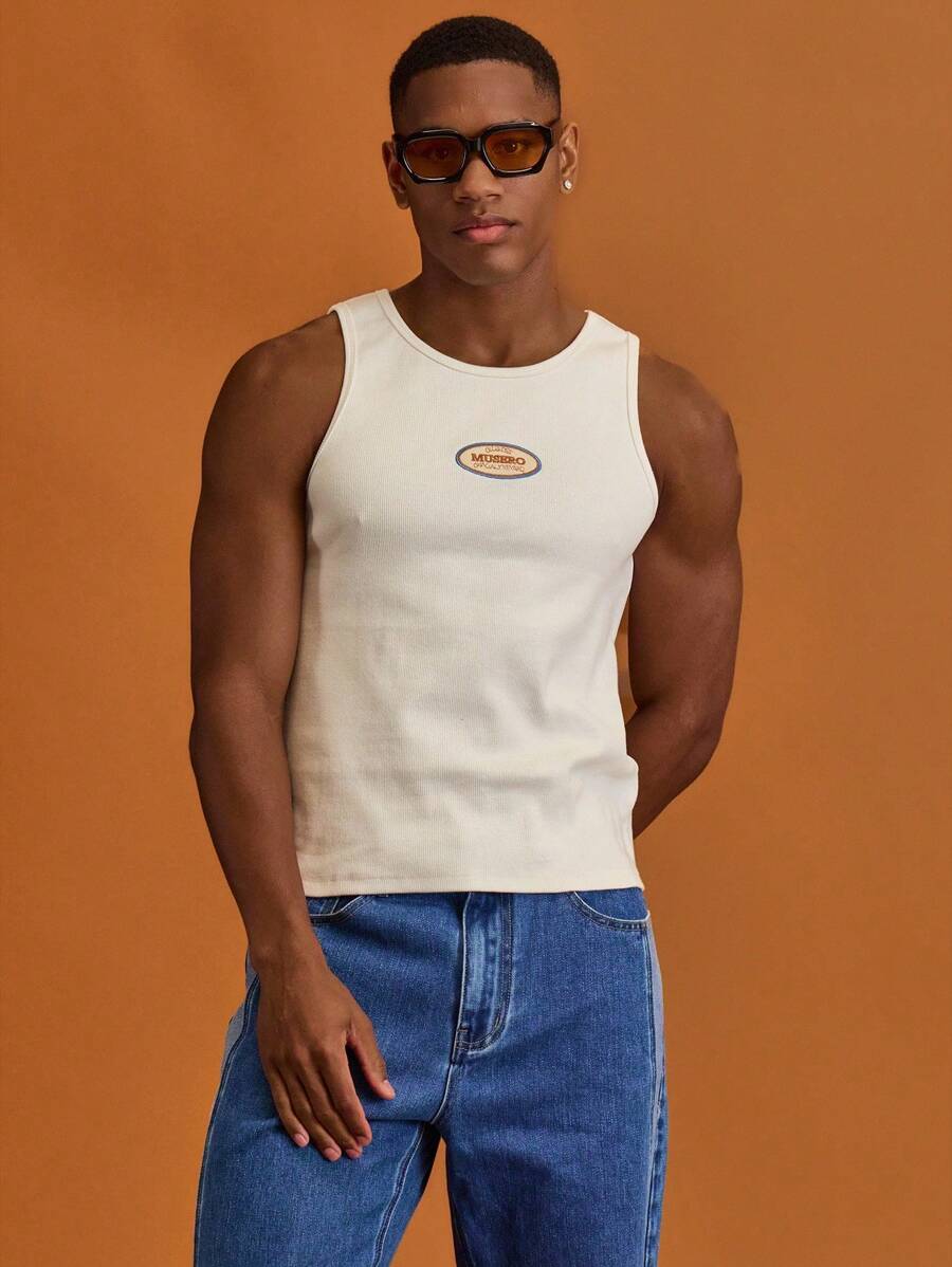Musero Ribbed Central Branded Patch Tank Top Vests Summer Spring Vacation Holiday - White - View 1