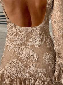 SHEIN ICON Damen neue elegantes rückenfreies Spitze-Patchwork Minikleid, cremefarbener Einfarbig