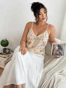 Lounesse 大码女式花卉亮片装饰宽松吊带背心 - 杏色 - 查看 7