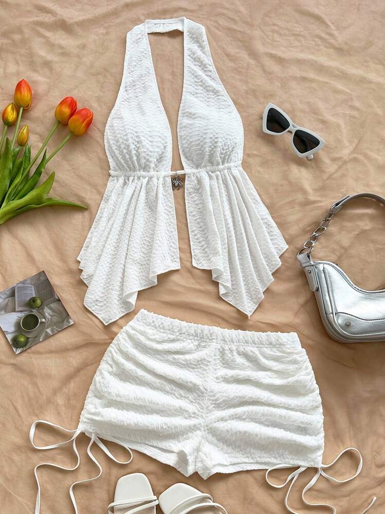 Soleia Women's Vacation 2 Pieces Set: Cream White Textured Knit Halter Backless Tie Crop Top And Low Waist Ruched Drawstring Shorts, Suitable For Holiday Dates, Afternoon Tea, Parties, Beach, Cruise, City Vacation, Island Vacation, Music Festivals, Boho Vacation, Can Be Worn Inside Or Outside As A Beachwear Set Women Summer Set White Summer Outfit Two Piece White Set White Two Piece Set Vacation Outfits Women White Beach Outfit White Two Piece Set Women Two Piece White Set Women Women Summer Outfit Set - White - View 1